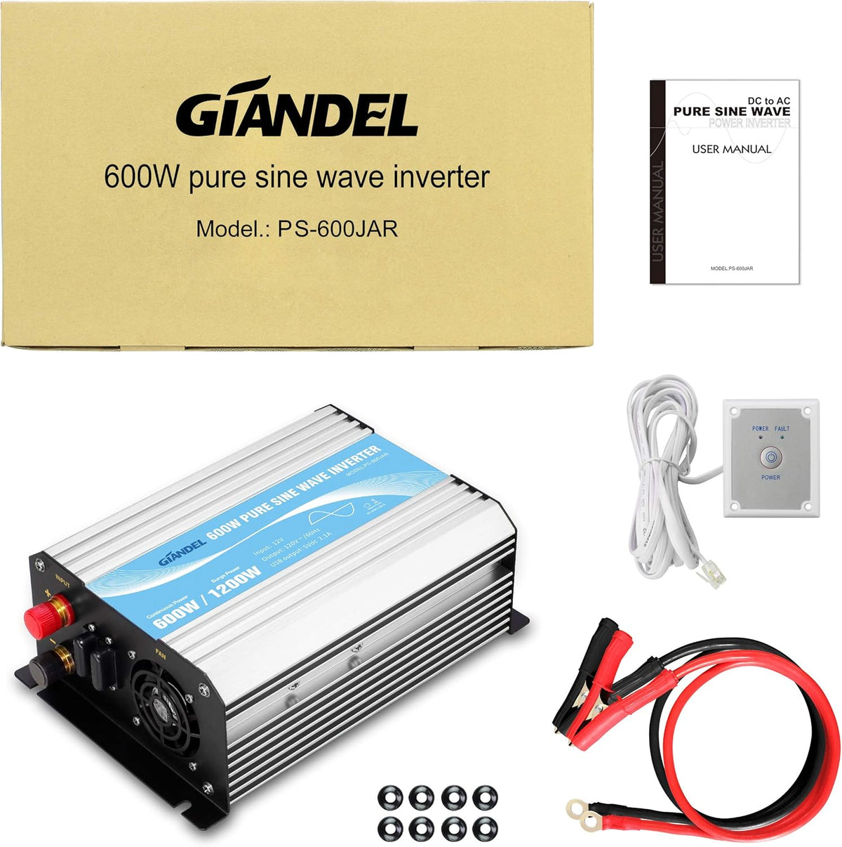 Pure Sine Wave 600Watt Power Inverter with Remote Control Dual AC Outlets and USB Port C146204