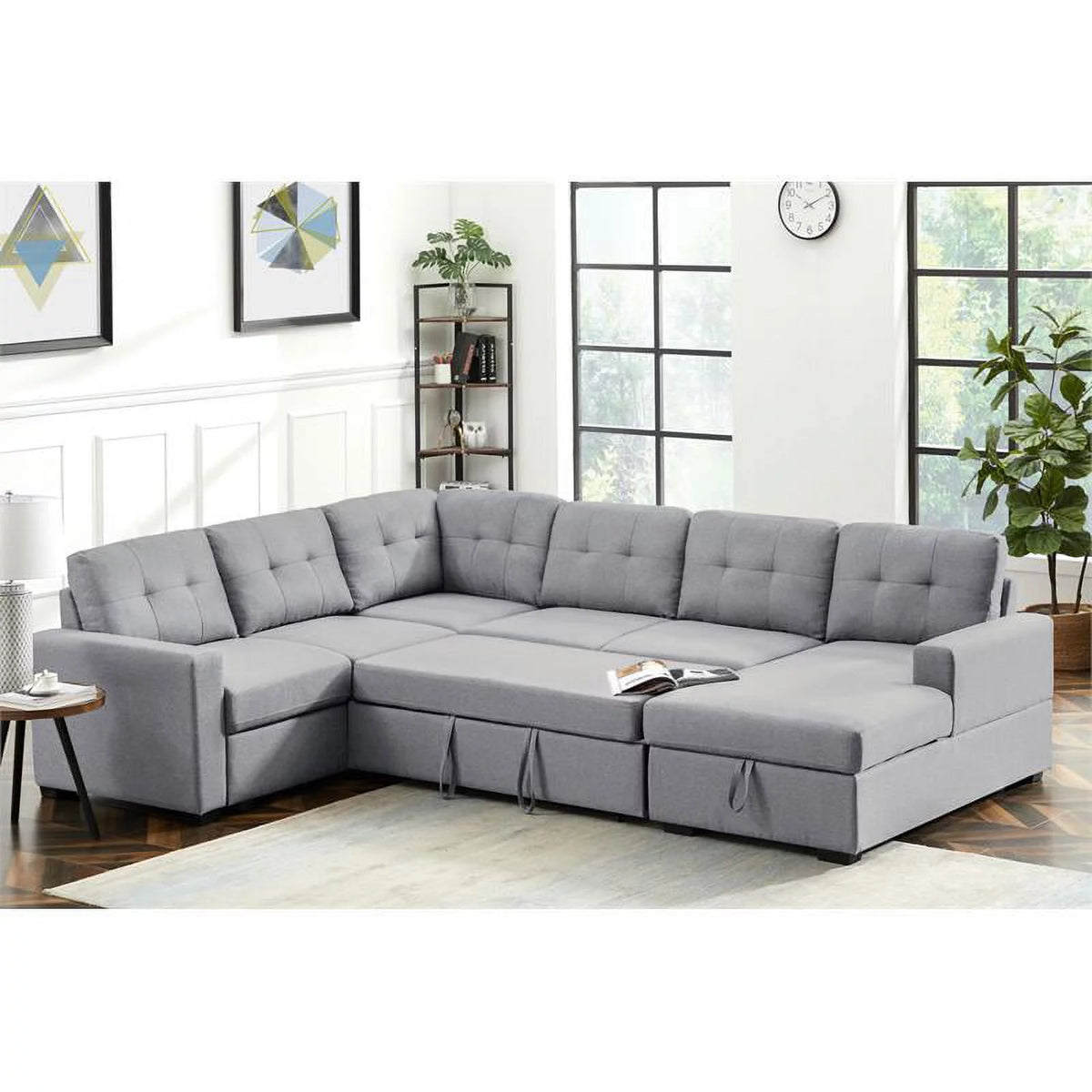 Light Gray Linen Sleeper Sectional Sofa with Storage Chaise A24044