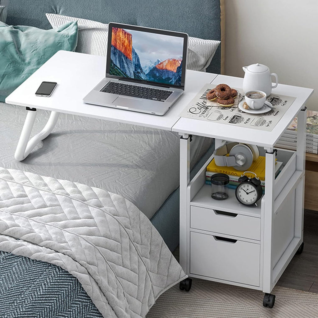 2 in 1 Overbed Table with Wheels, Foldable Bedside Table with Drawer, Height Adjustable Mobile Computer Desk J8934