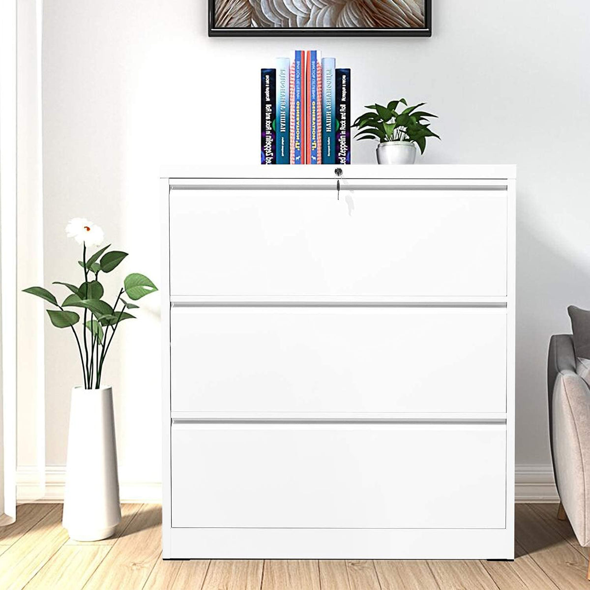 White Metal 3 Drawer File Cabinet with Lock E815