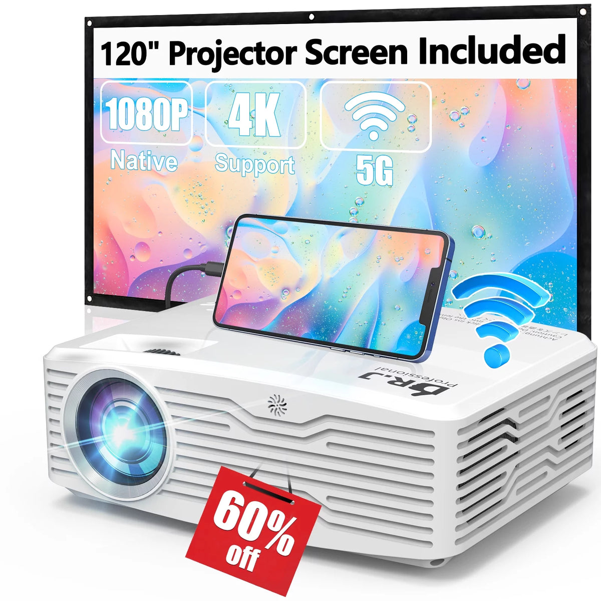 5G WiFi Projector Full HD 4K Native 1080P with 120 Projector Screen J239