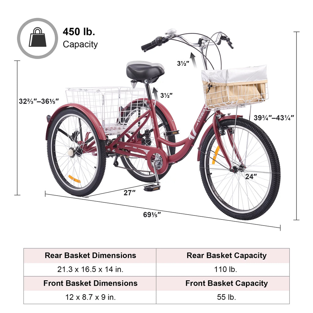 24 Inch 7 Speed Adult Trike with Adjustable Seat and 2 Baskets Matte Gray B455276