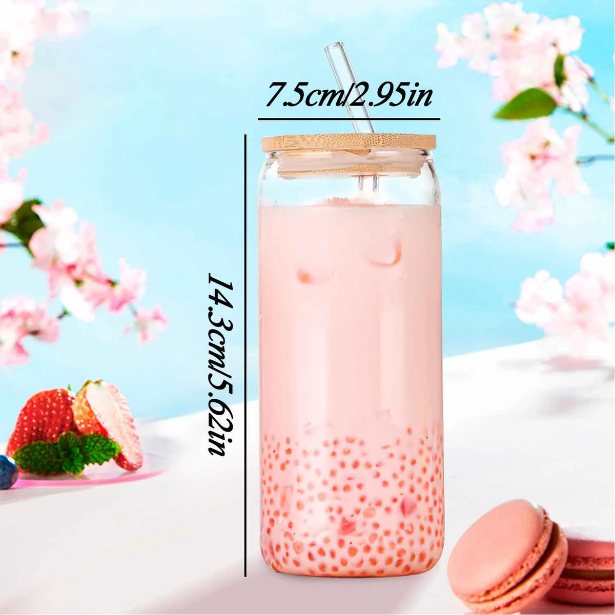 Can Shaped Glass Cups with Bamboo Lids and Glass Straw 6pcs L8589