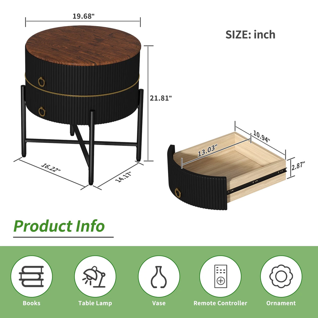Black 2-Drawer End Table with X-Metal Base P454