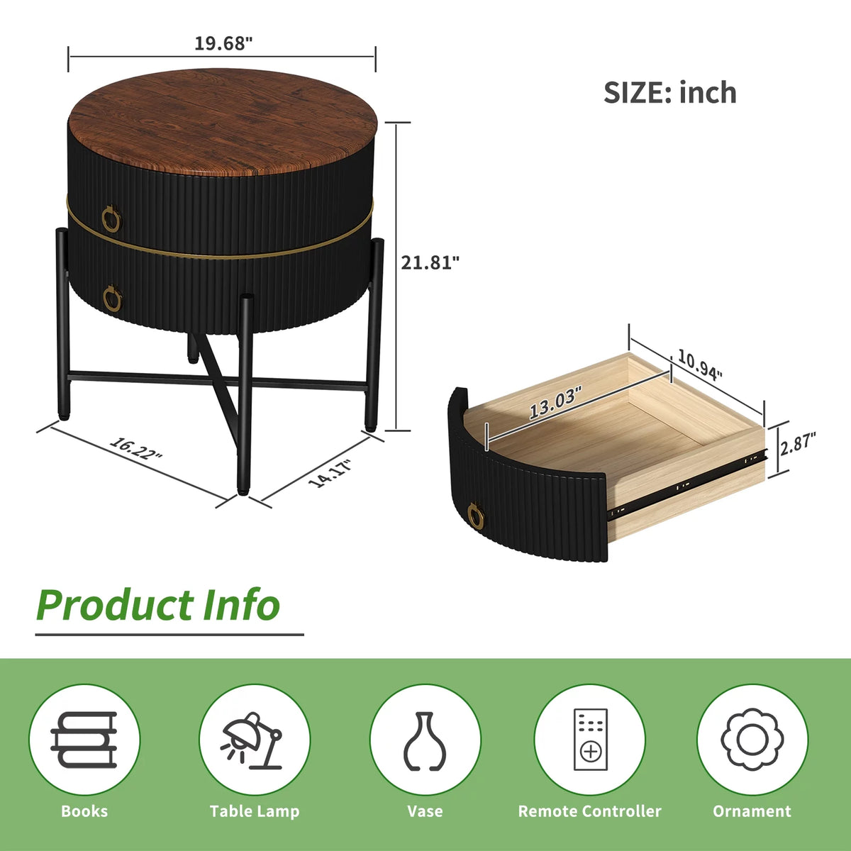 Black 2-Drawer End Table with X-Metal Base P454