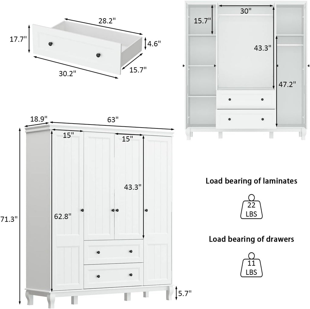 Large 4-Door White Wardrobe Closet with Hanging Rod and 2 Drawers J429950