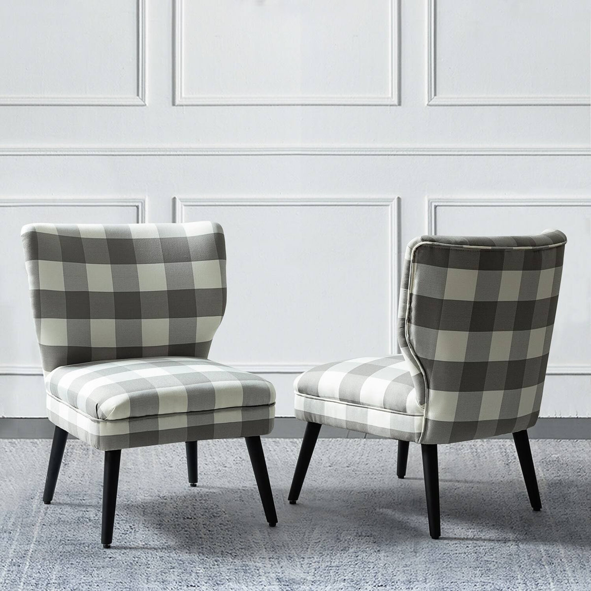 Grey Buffalo Plaid Side Chair with Black Base, Set of 2 N394