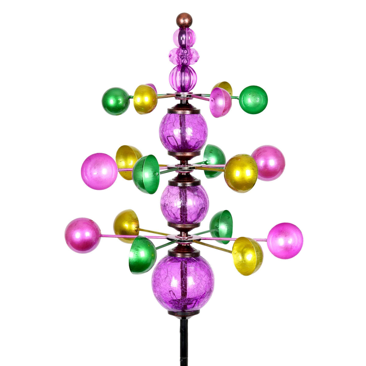 Three Tier Wind Spinner Garden Stake with Glass Crackle Balls, 14 by 48 Inches Purple R200