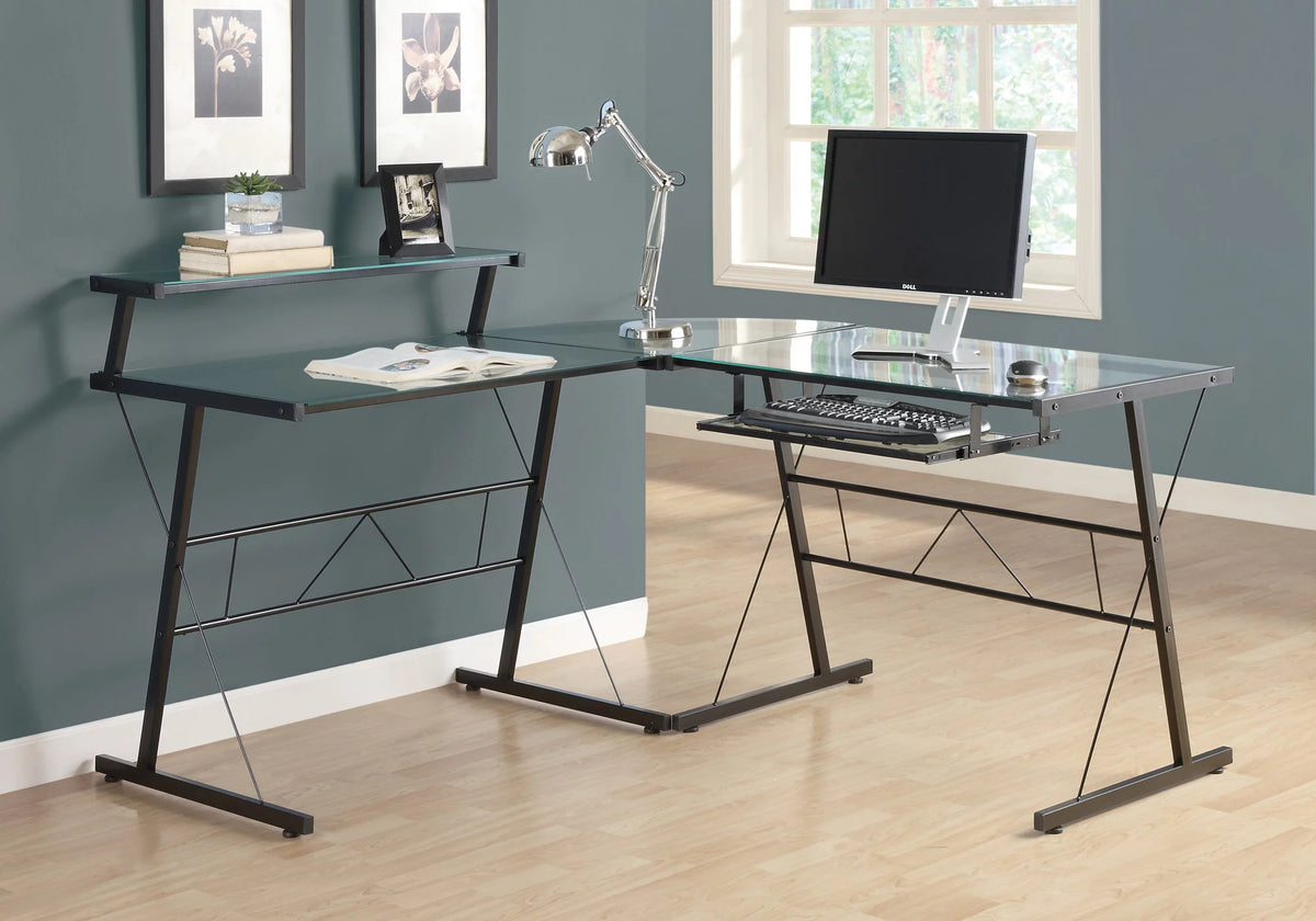 Black L-Shaped Computer Desk with Tempered Glass T26133