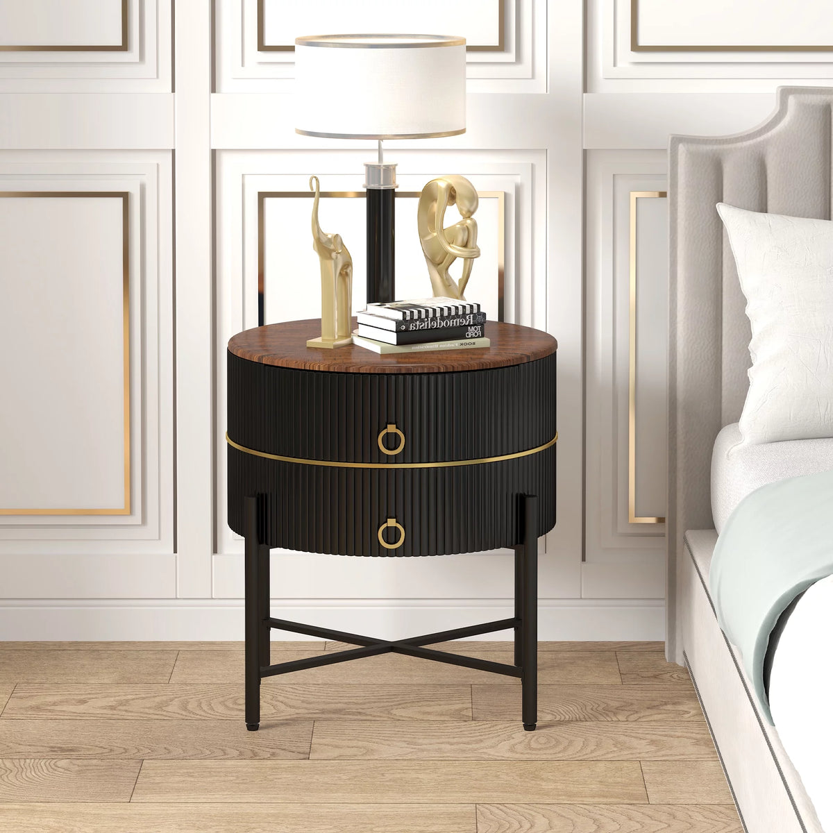 Black 2-Drawer End Table with X-Metal Base P454
