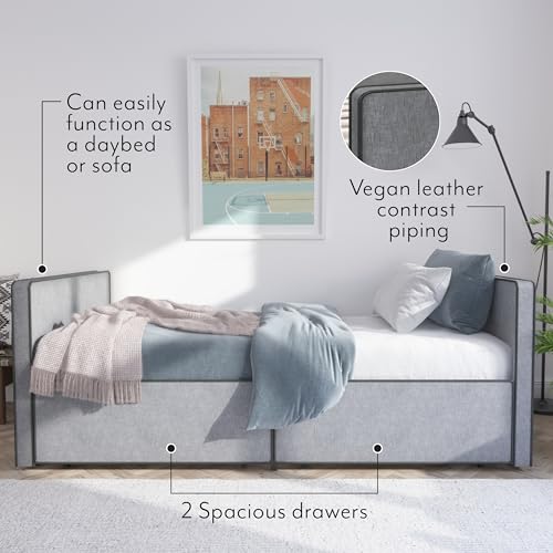 Twin Size Platform Bed Frame with 2 Storage Drawers in Gray Fabric G82666