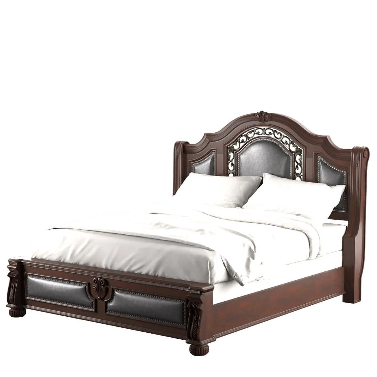 Solid Wood Panel King Bed with Faux Leather T481