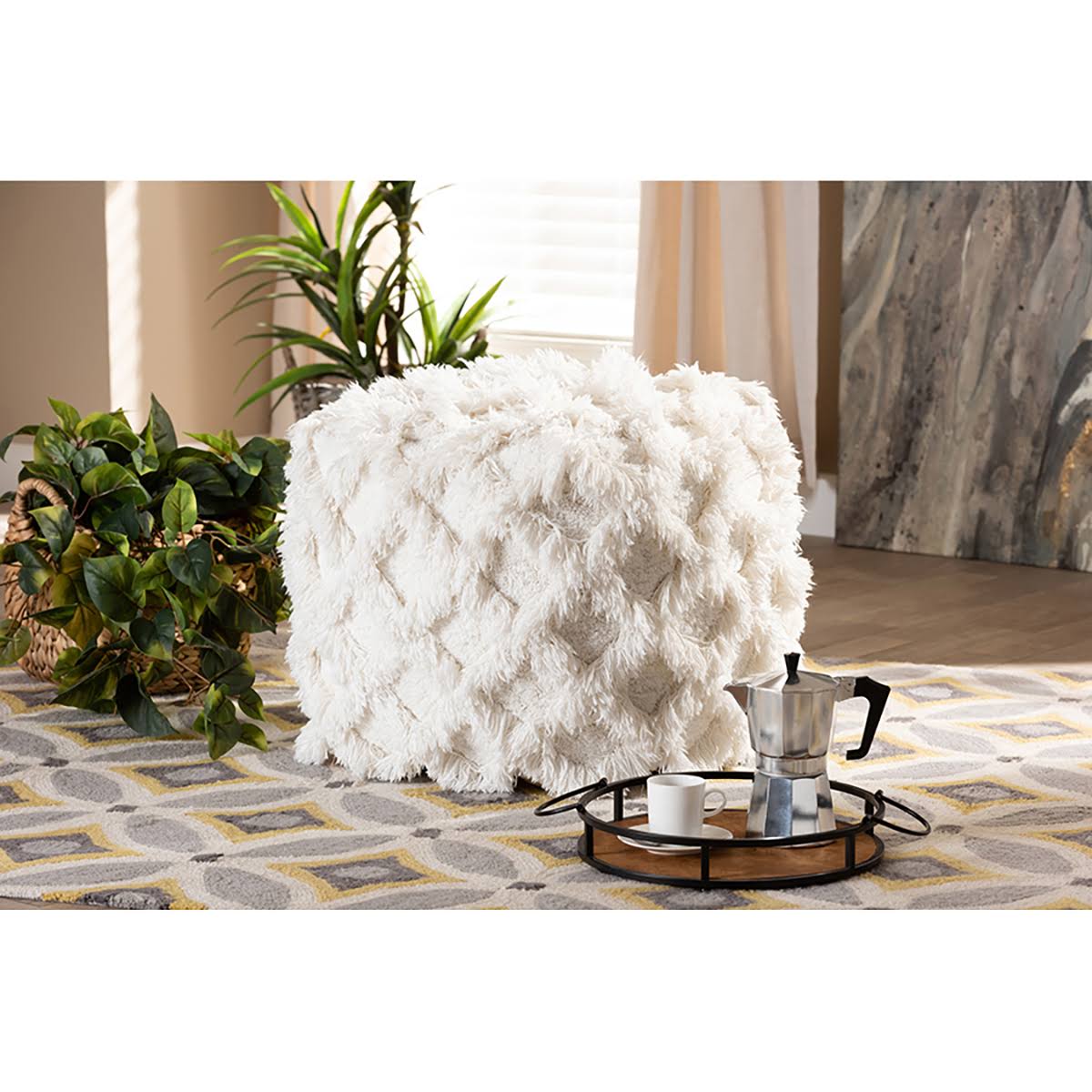 Ivory Handwoven Cotton Fringe Pouf Ottoman D713