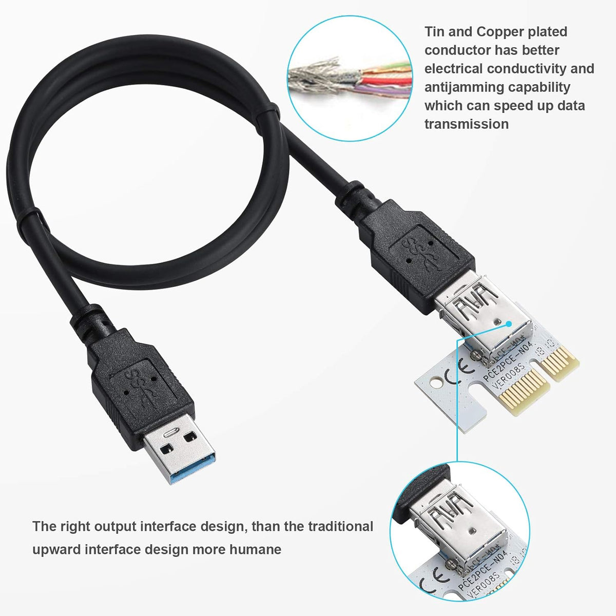 PCI-E 1X to 16X Riser Card with 24in USB 3.0 Extension Cable D3067