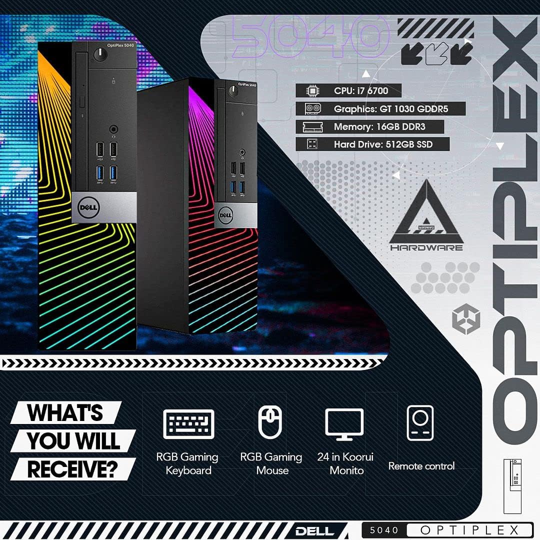 Dell Gaming PC Desktop with 24 Inch Monitor, GT 1030 2GB, Intel Core i7-6700, 16GB Ram 512GB SSD, Windows 10 Pro, RGB Keyboard Mouse (Renewed) Q216