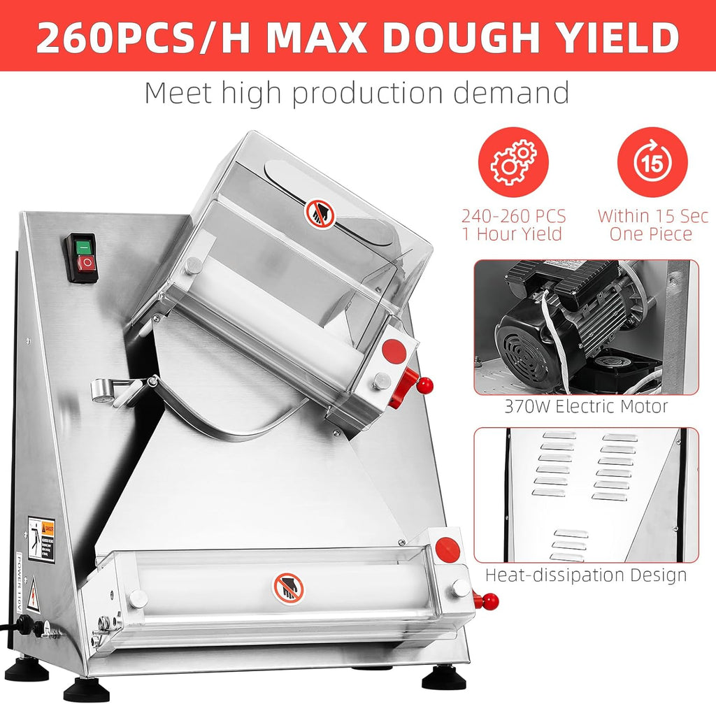 Commercial Pizza Dough Roller Sheeter, Max 12", Automatic 370W Electric, Stainless Steel T8182