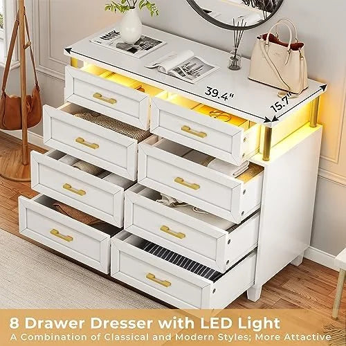 White 8 Drawer Led Dresser R46058
