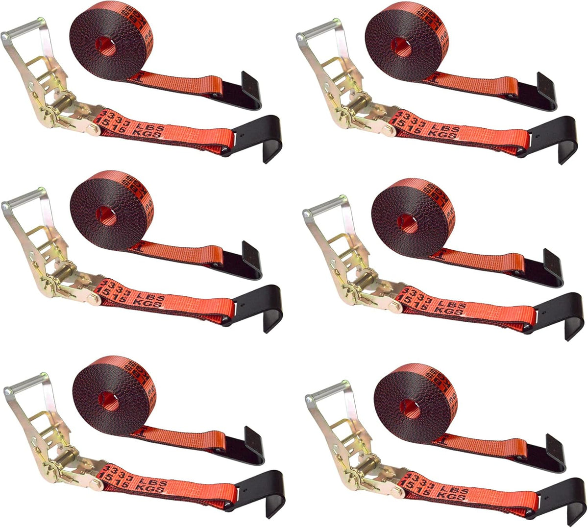 2” x 30’ Flat Hook Tie Down Ratchet Straps (Red, 6 Pack) Z9506