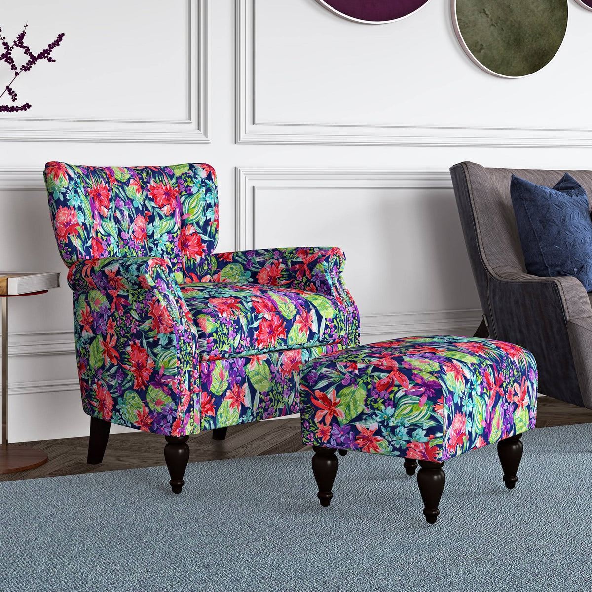 Botanical Velvet Arm Chair and Ottoman J1128