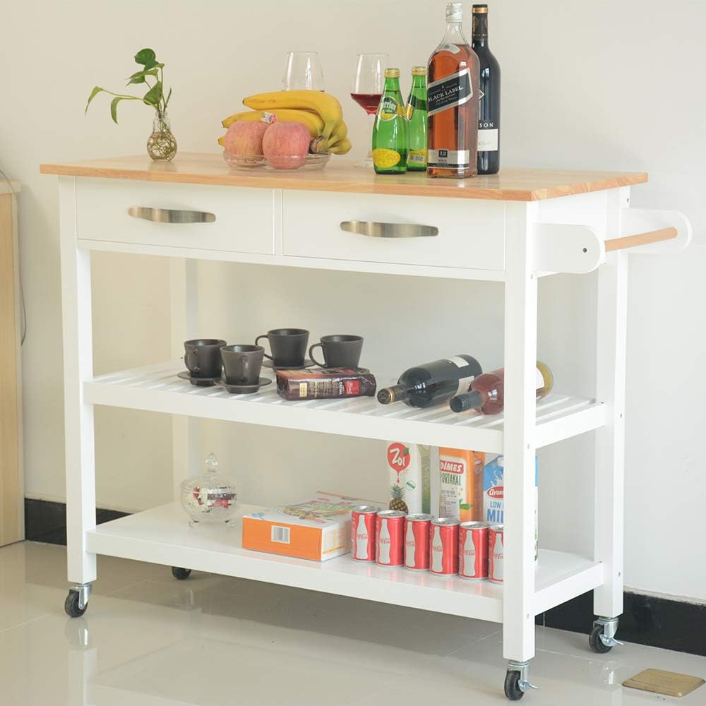 White Rolling Wood Dining Cart with 2 Drawers, 3 Baskets and 2 Shelves H8107