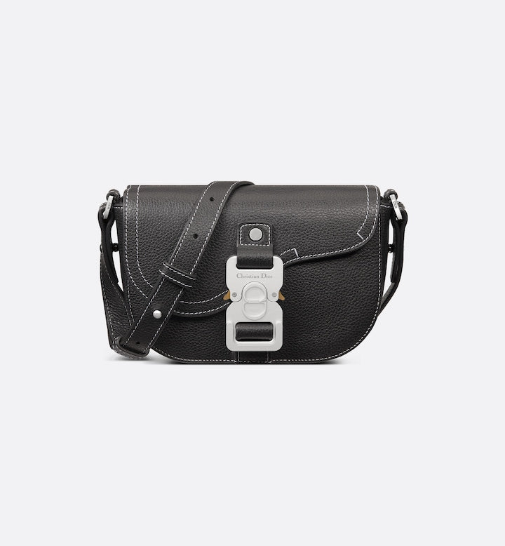 Black Grained Calfskin Mini Saddle Messenger Bag with Flap Q648726