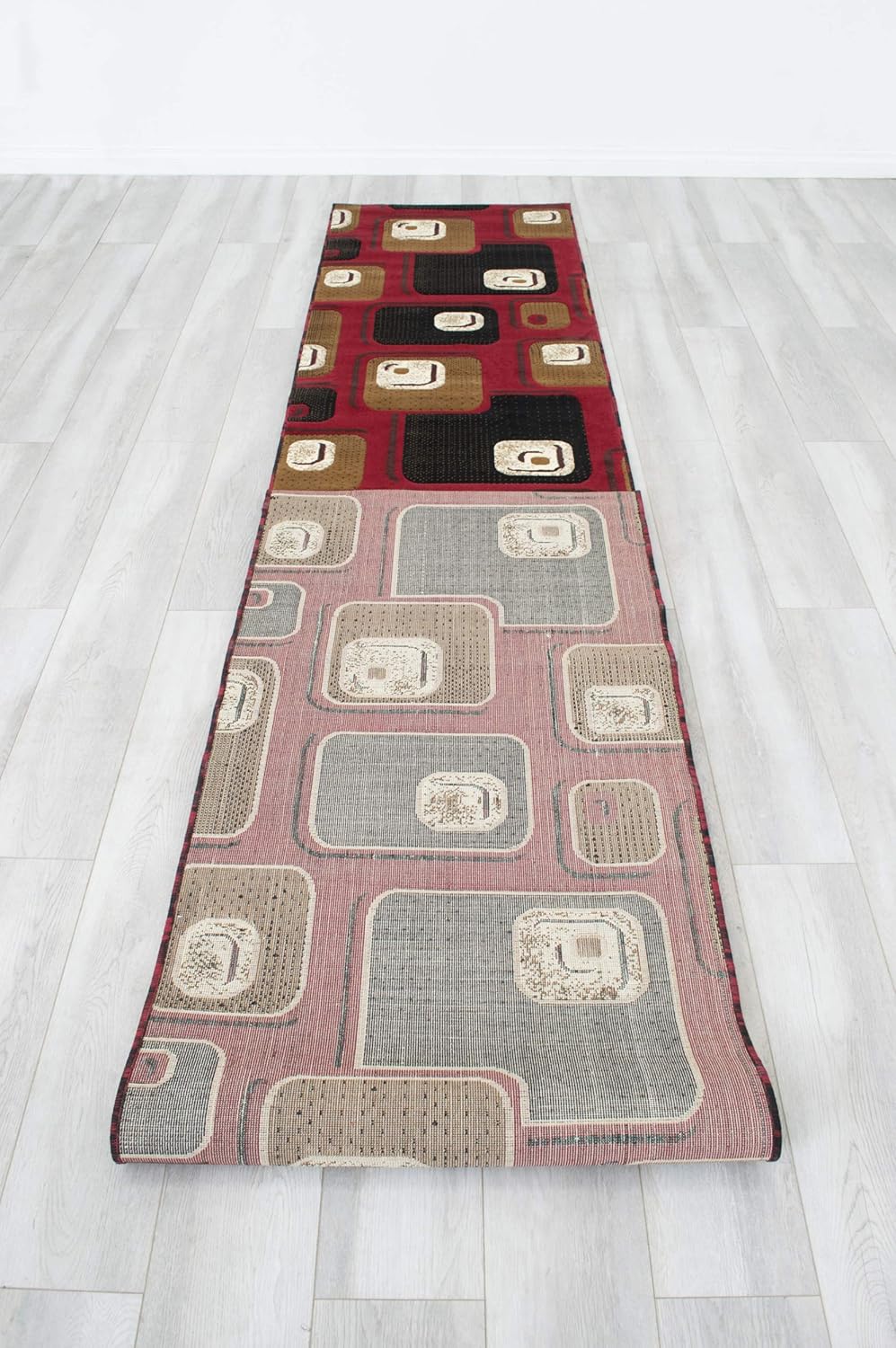 Red and Brown Machine Carved Runner with Ivory and Beige Geometric Design Y737840