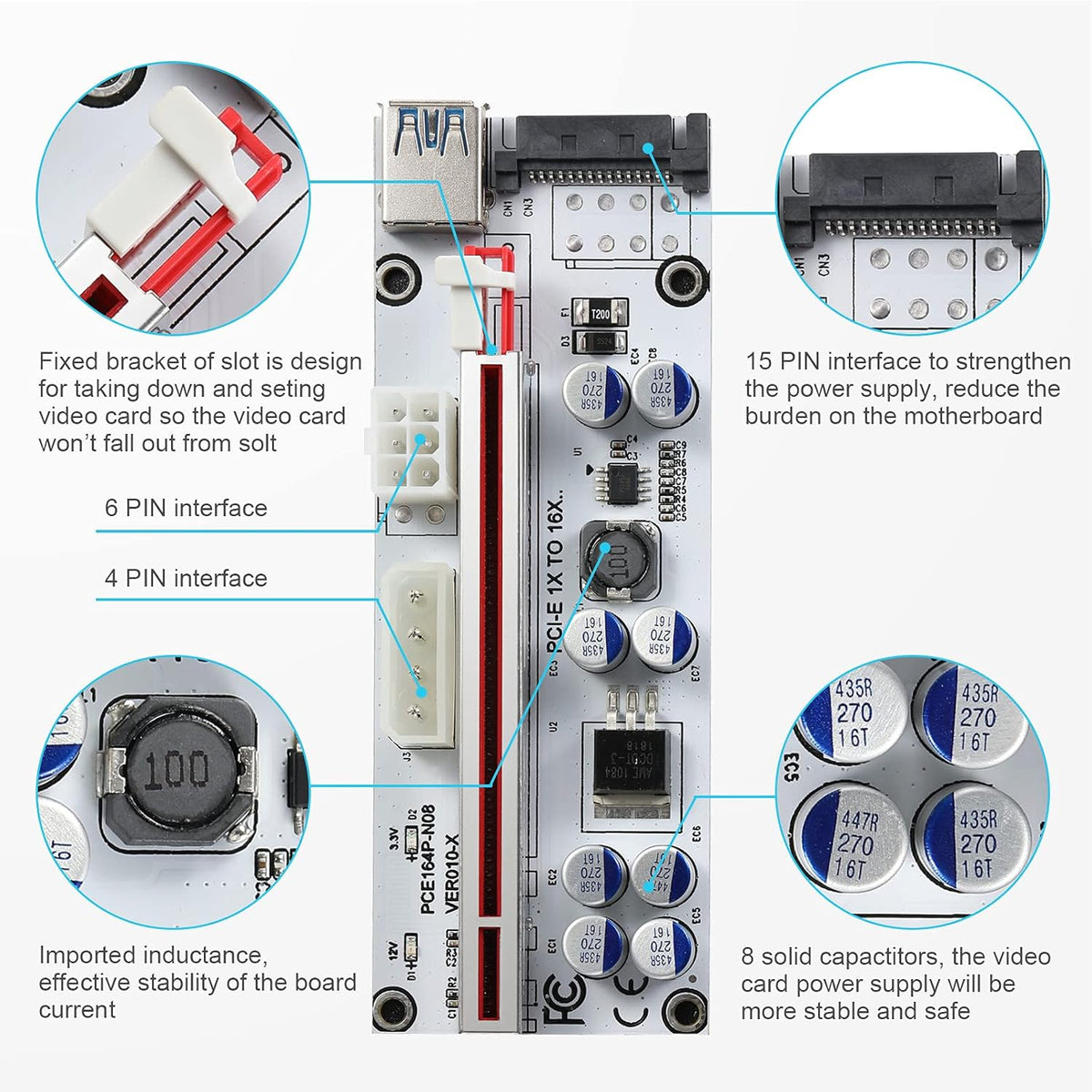 PCI-E 1X to 16X Riser Card with 24in USB 3.0 Extension Cable D3067