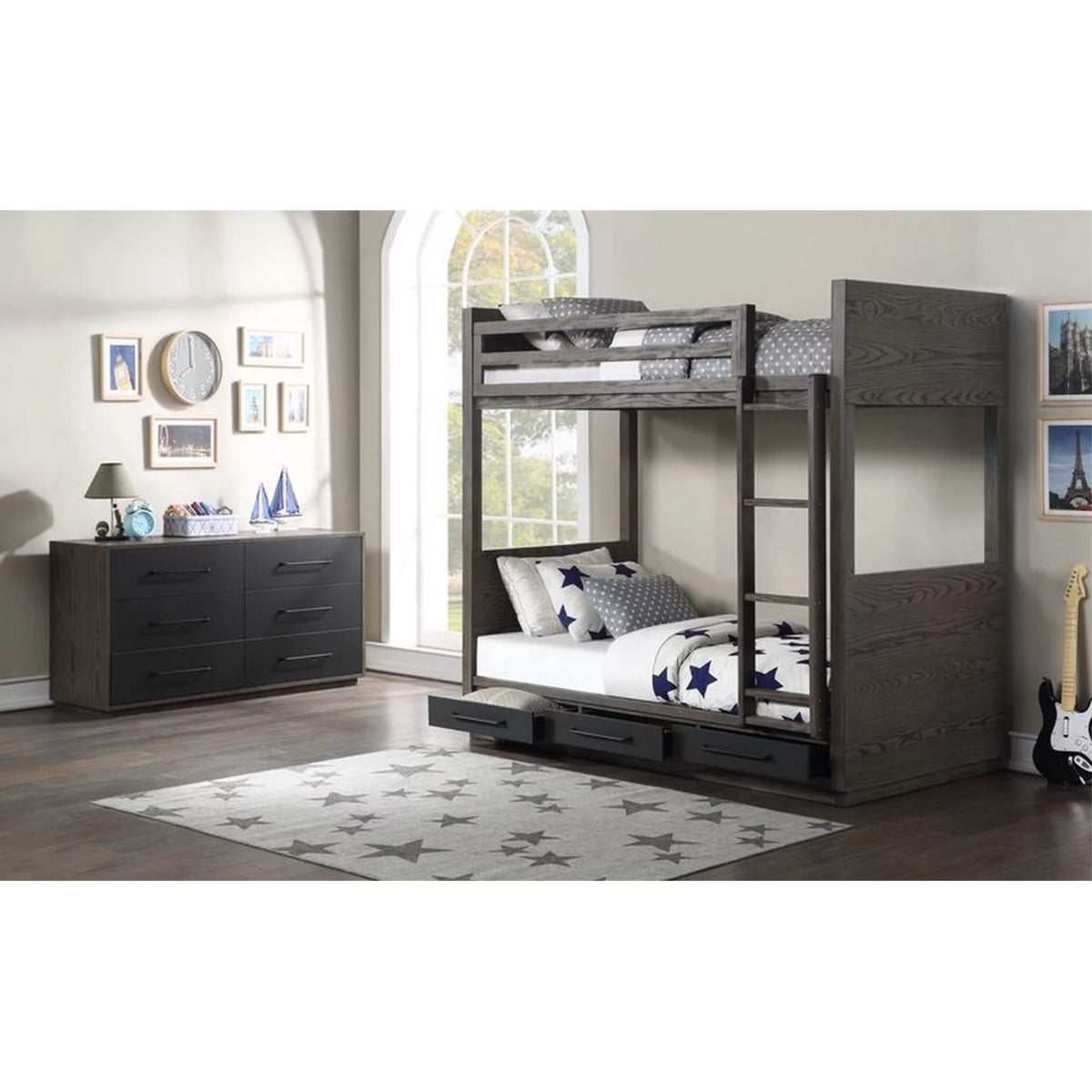 Twin over Twin Bunk with 2 Drawers Oak Gray E473152
