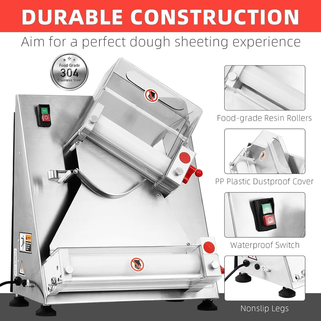 Commercial Pizza Dough Roller Sheeter, Max 12", Automatic 370W Electric, Stainless Steel T8182