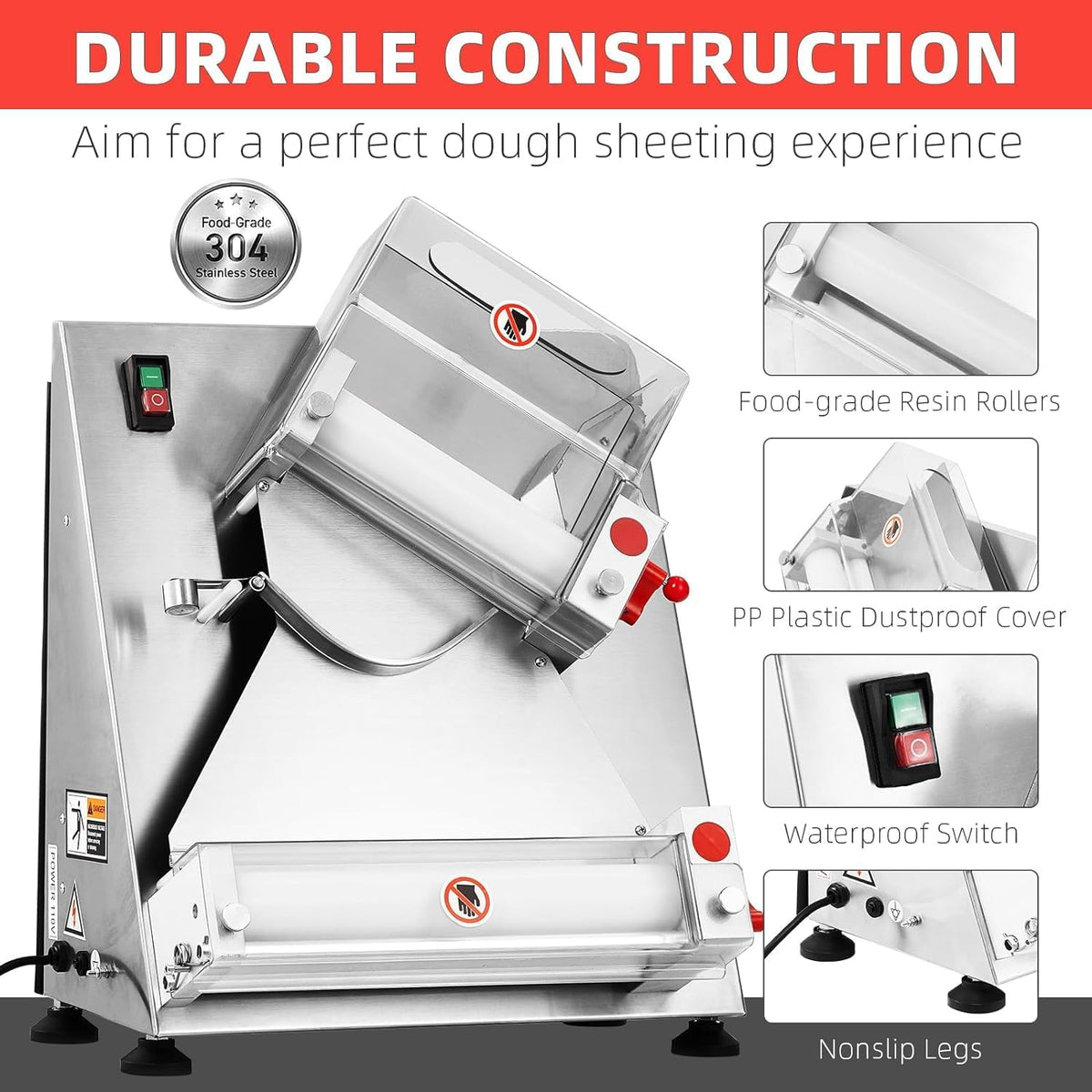 Commercial Pizza Dough Roller Sheeter, Max 12", Automatic 370W Electric, Stainless Steel T8182