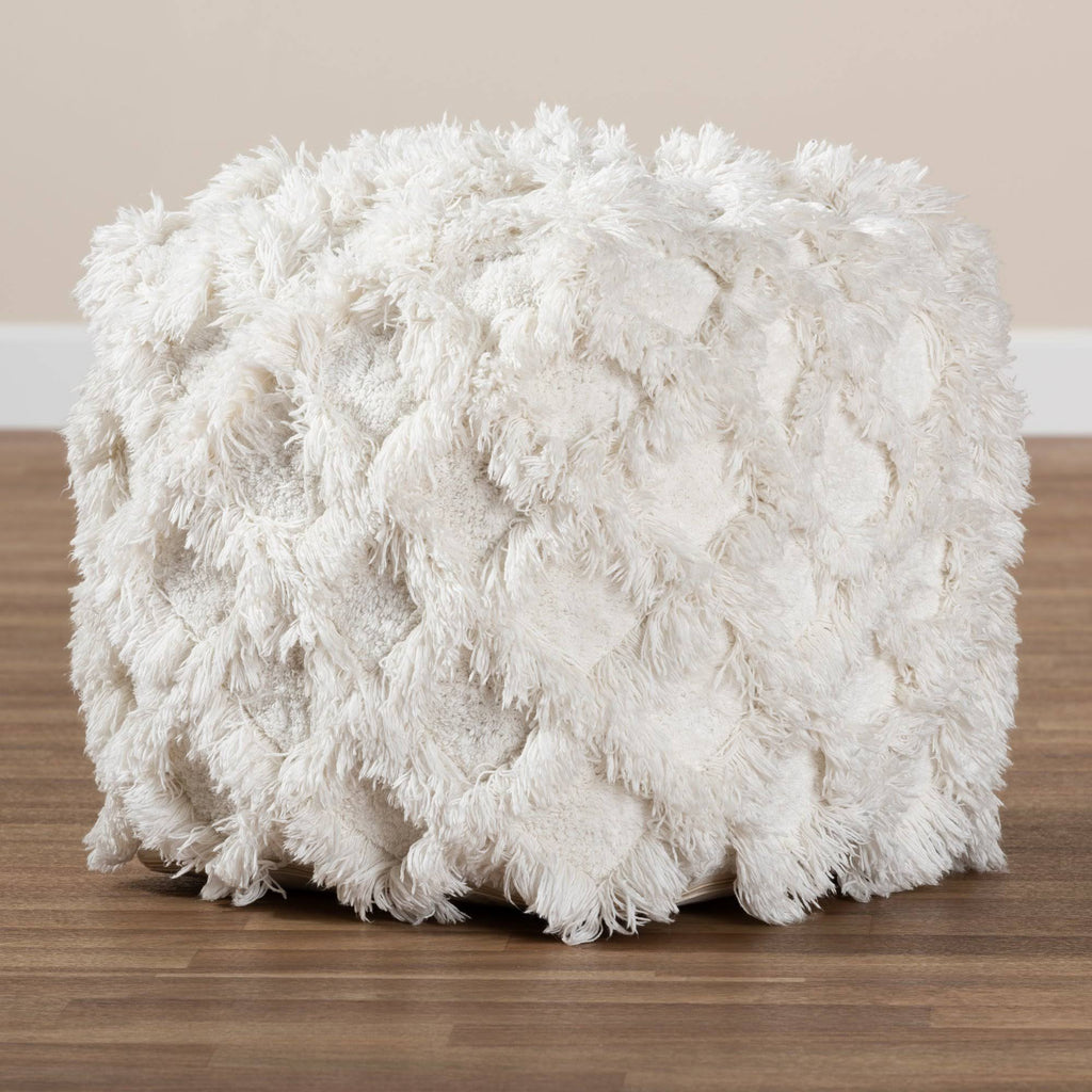 Ivory Handwoven Cotton Fringe Pouf Ottoman D713