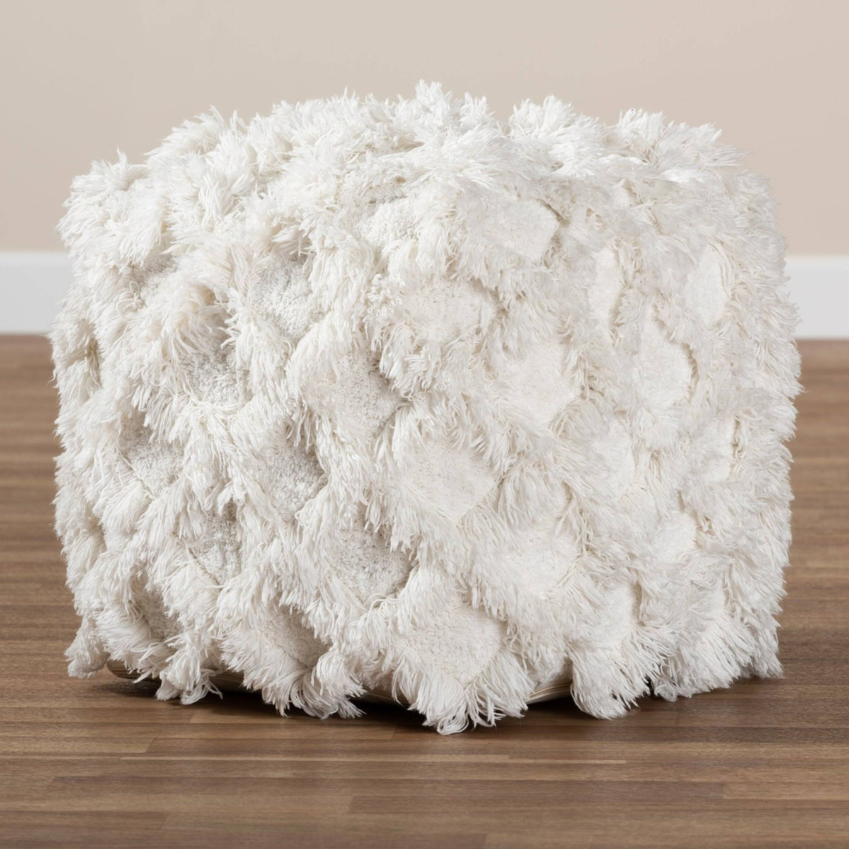 Ivory Handwoven Cotton Fringe Pouf Ottoman D713