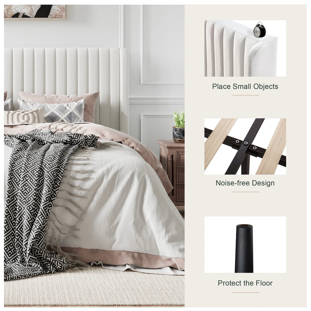 Queen Size Off-White Velvet Upholstered Bed Frame I5368