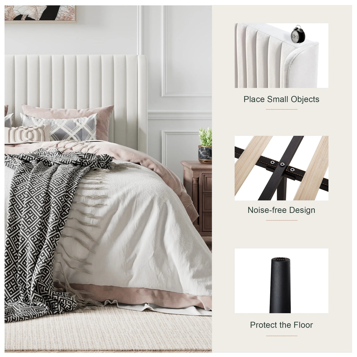 Queen Size Off-White Velvet Upholstered Bed Frame I5368
