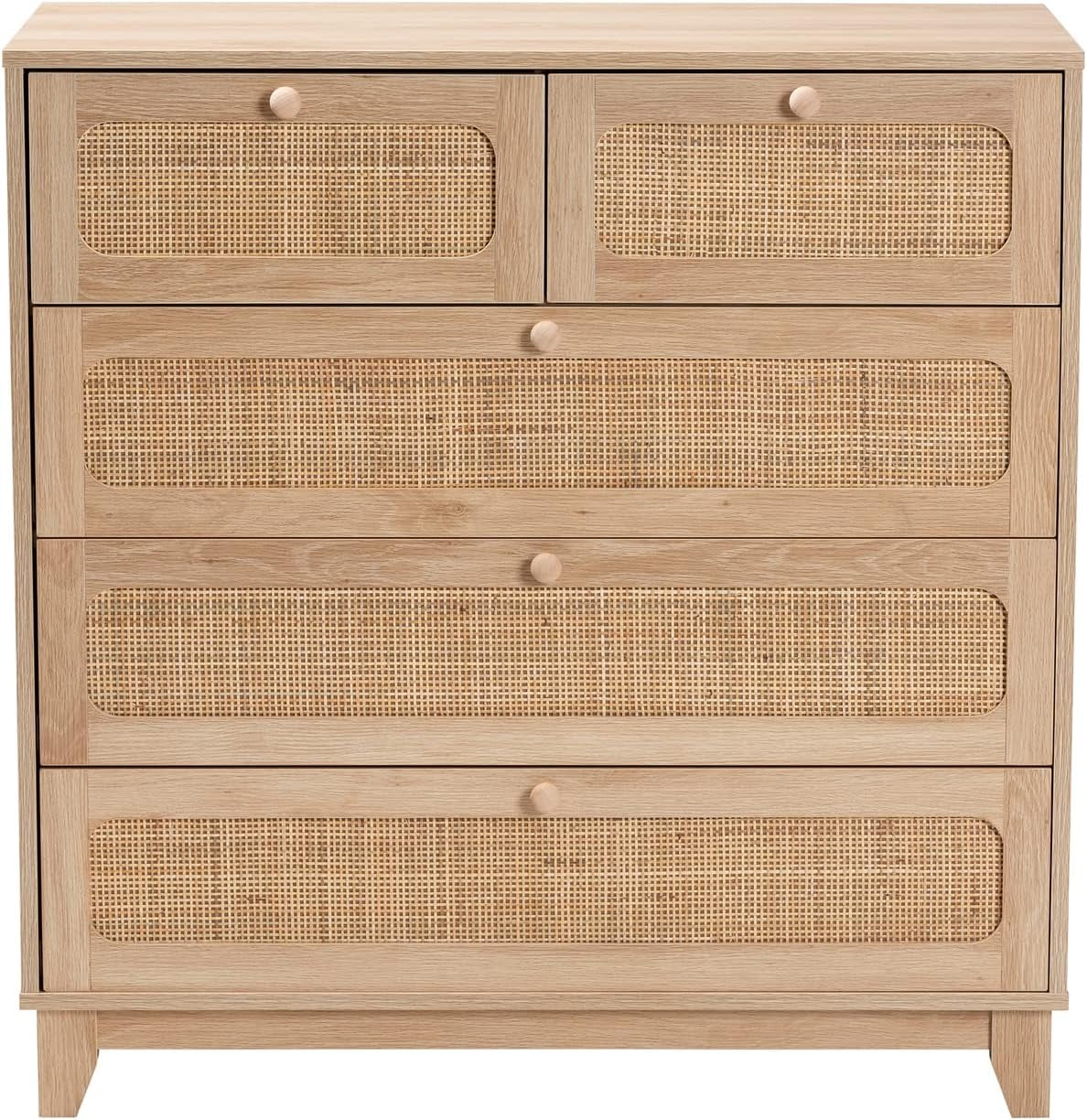 Oak Brown Wood and Natural Rattan 5-Drawer Cabinet X95441