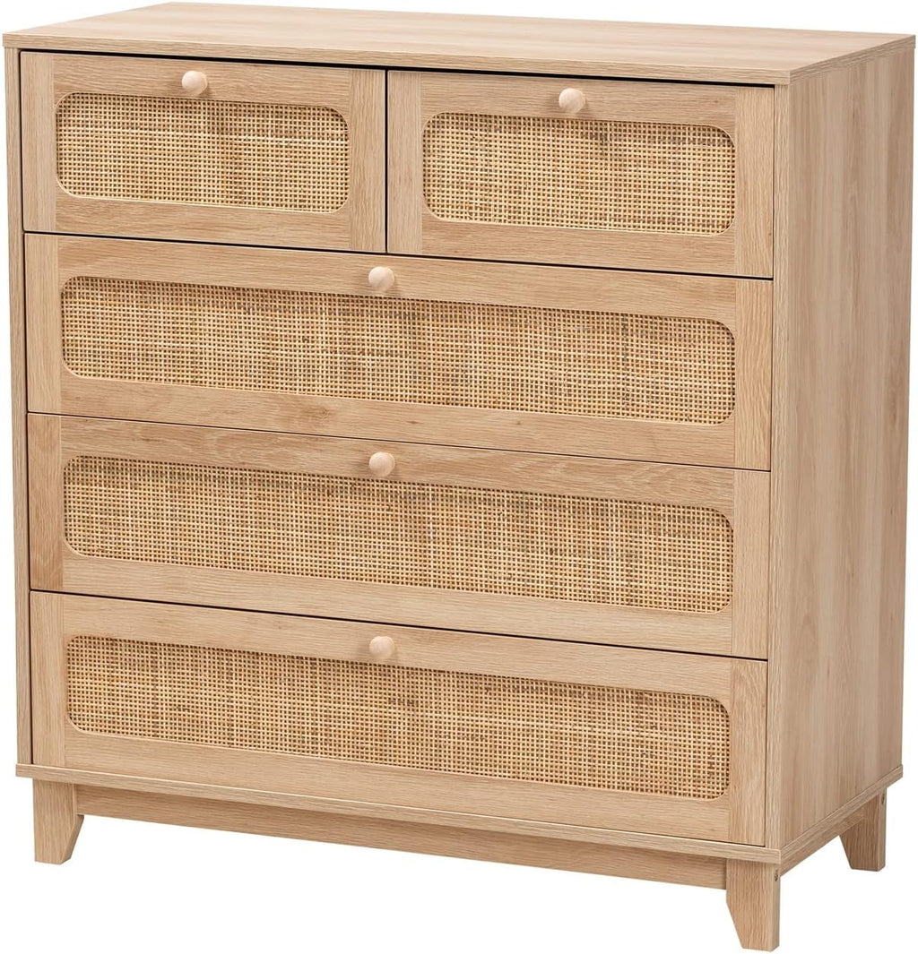 Oak Brown Wood and Natural Rattan 5-Drawer Cabinet X95441