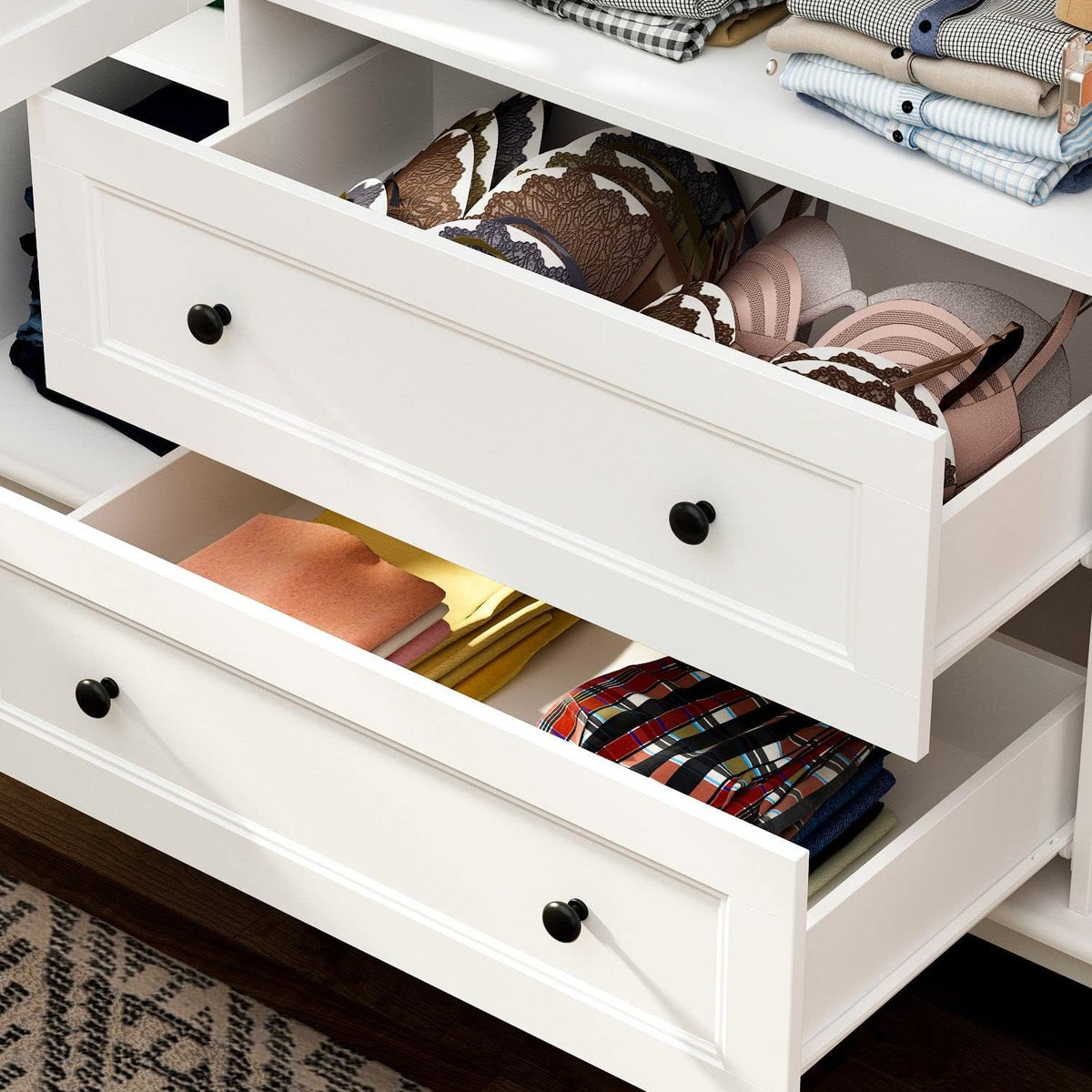 Large 4-Door White Wardrobe Closet with Hanging Rod and 2 Drawers J429950