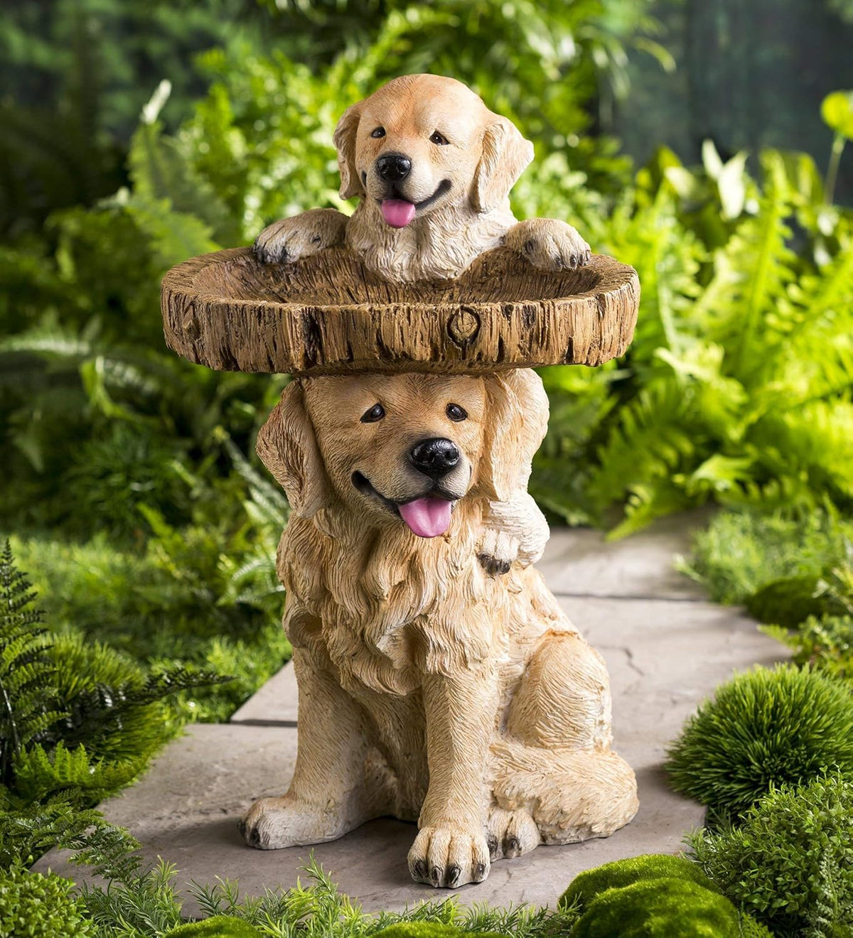 Two Playful Golden Retriever Puppies Resin Birdbath, 13¼ Dia. x 22 H T606178