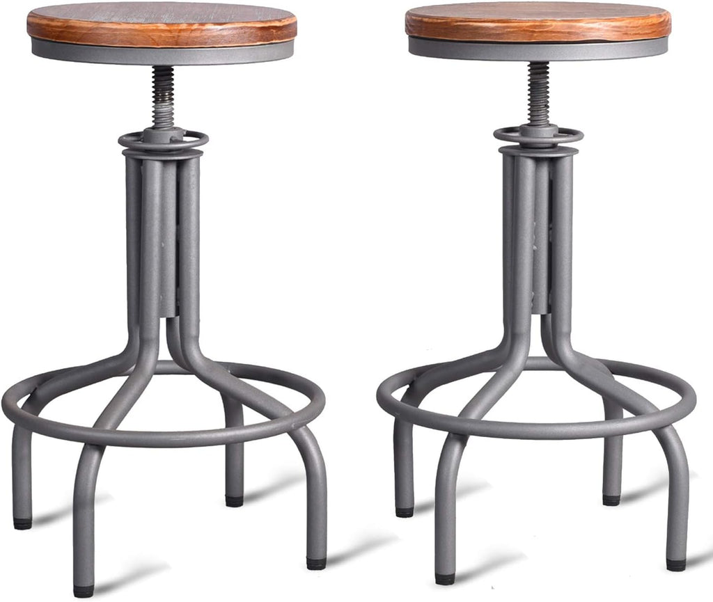 Metal Adjustable Height Bar Stool Set of 2 Black Wooden Top Z13991