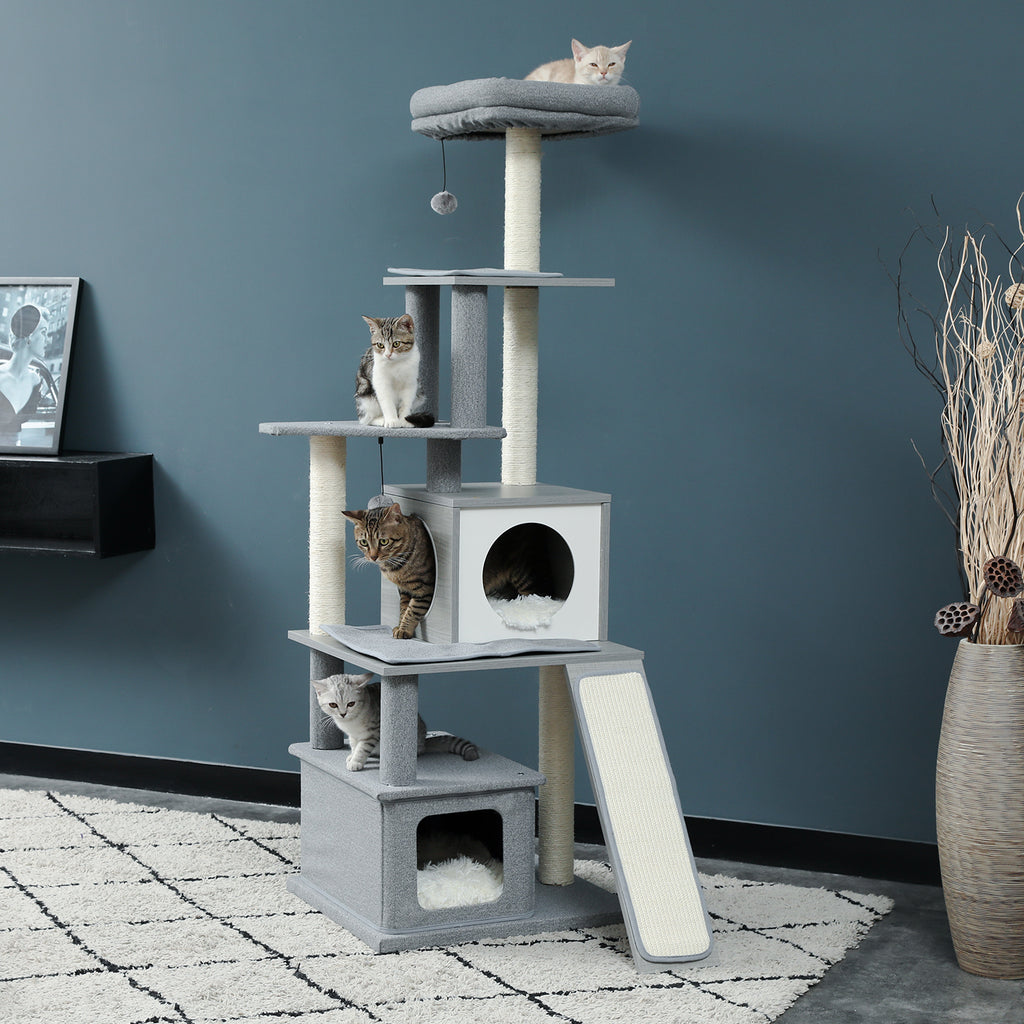 Grey Wood Cat Tree with Sisal Scratching Post E33581