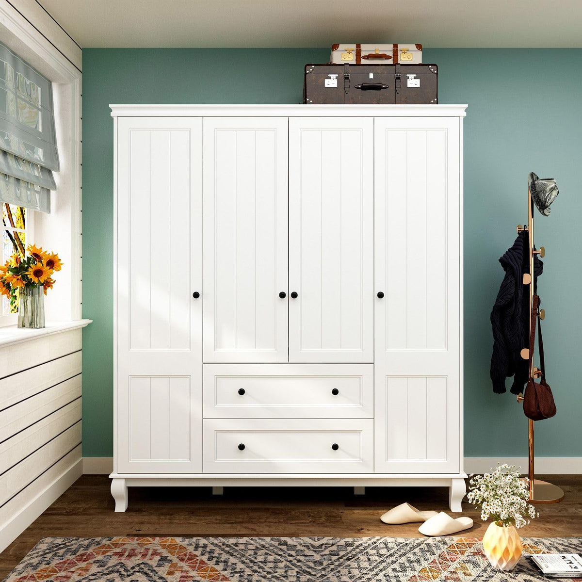 Large 4-Door White Wardrobe Closet with Hanging Rod and 2 Drawers J429950