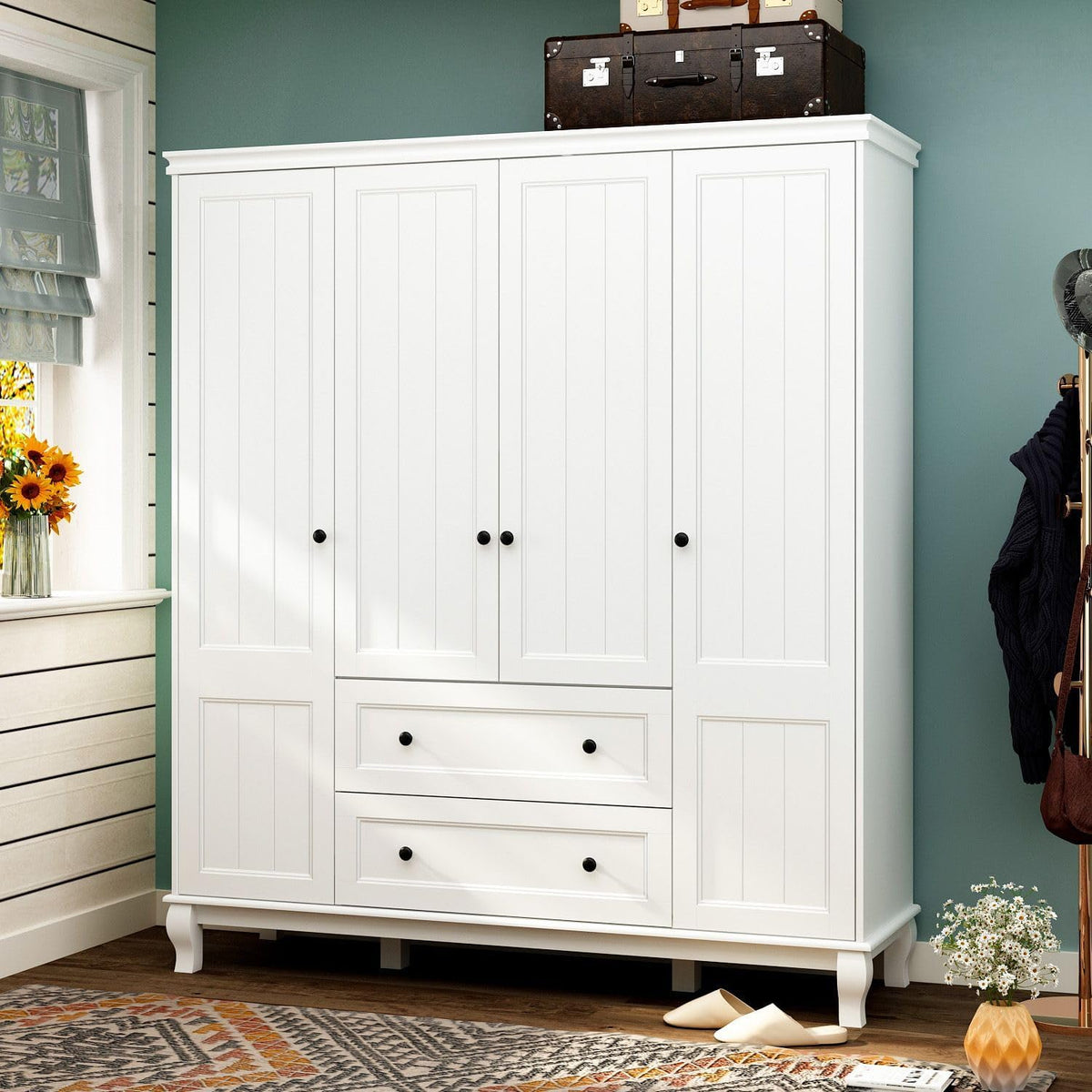 Large 4-Door White Wardrobe Closet with Hanging Rod and 2 Drawers J429950
