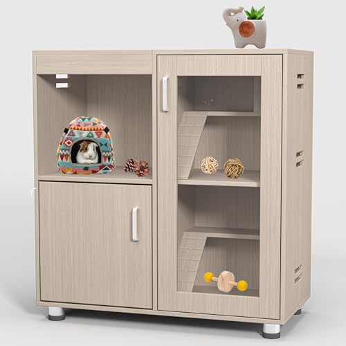 4-Tier Wooden Hamster Cage with Storage Cabinet, Openable Top, Acrylic Windows (Teak) S924154