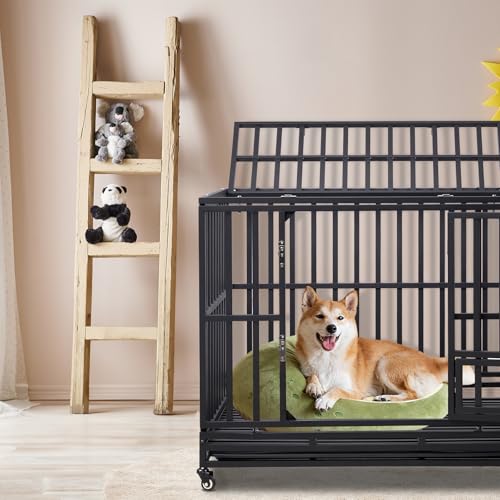 42" Large Metal Wire Dog Crate with Lockable Wheels, Double Door R90746