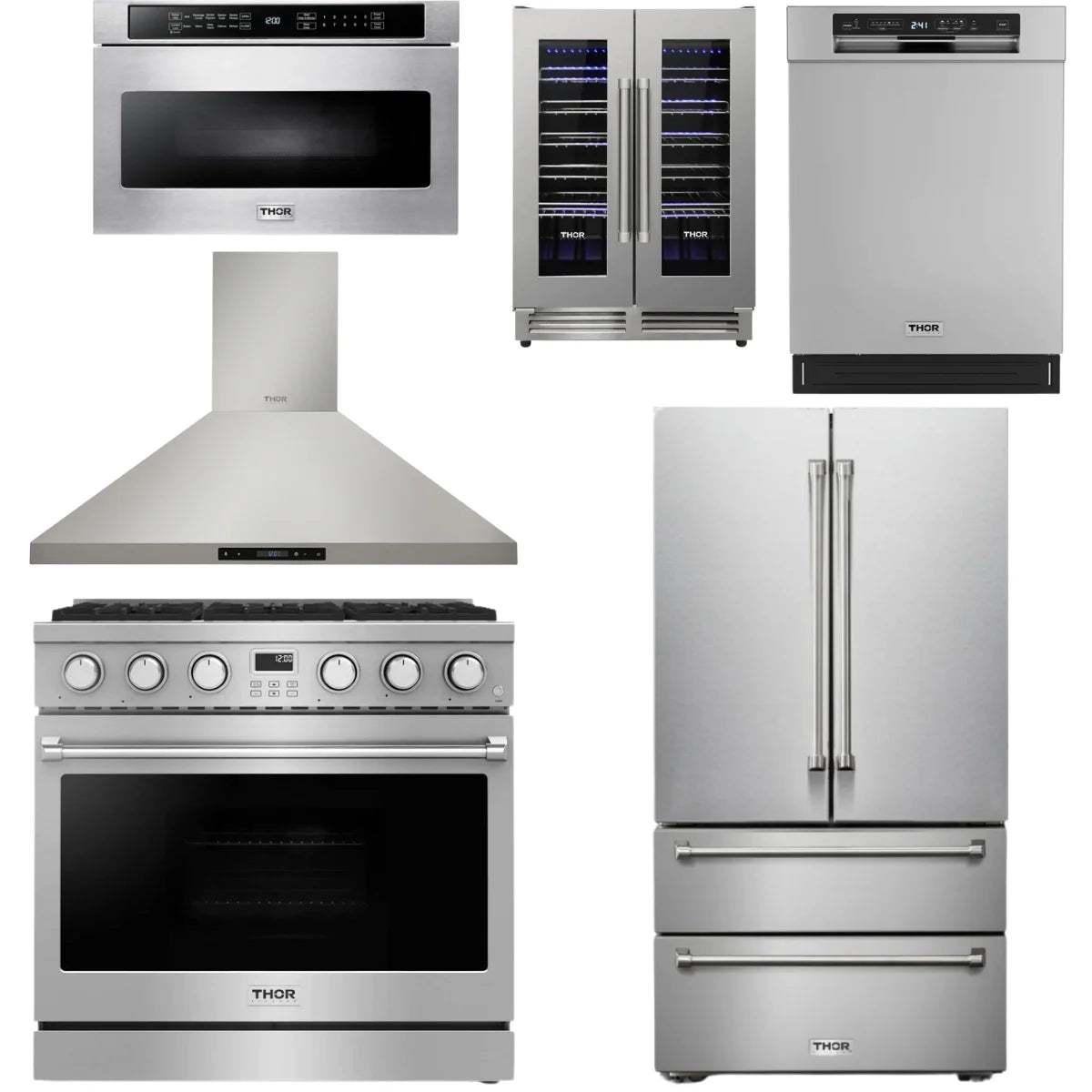 36 Gas Range, Range Hood, Refrigerator, Dishwasher, Microwave and Wine Cooler K124