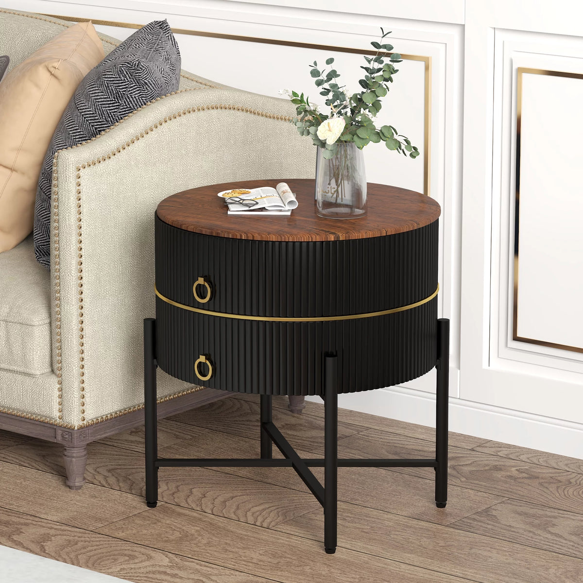 Black 2-Drawer End Table with X-Metal Base P454
