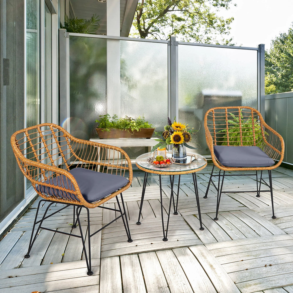 3 Pc Cushioned Patio Rattan Bistro Set R894
