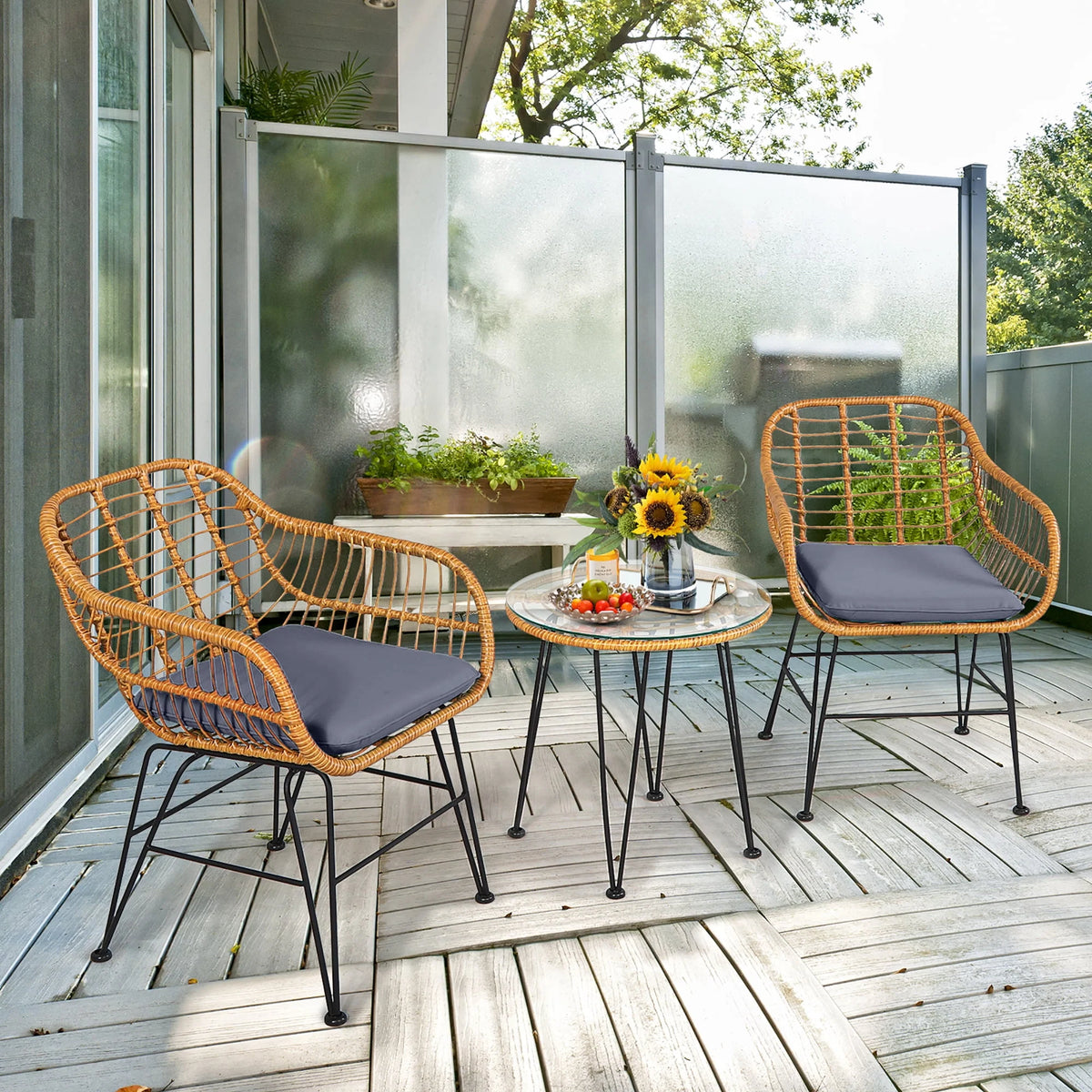 3 Pc Cushioned Patio Rattan Bistro Set R894