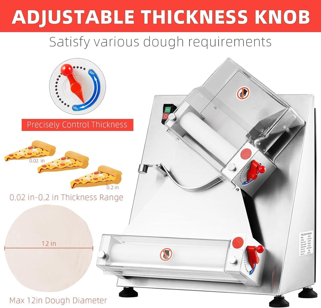 Commercial Pizza Dough Roller Sheeter, Max 12", Automatic 370W Electric, Stainless Steel T8182