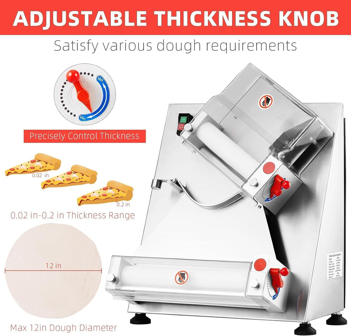 Commercial Pizza Dough Roller Sheeter, Max 12", Automatic 370W Electric, Stainless Steel T8182